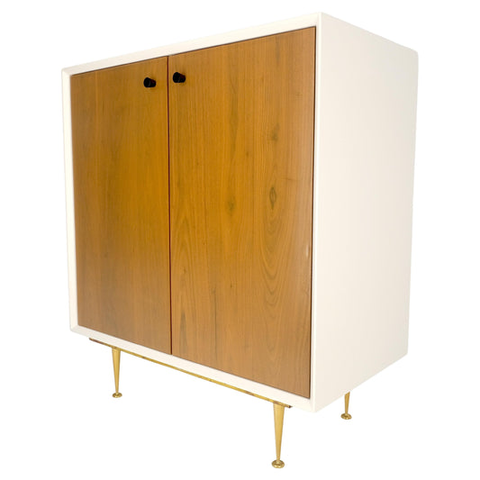 EstablishedLines Two Doors Light Walnut & White Lacquer Storage Shelf Cabinet on Solid Brass Legs