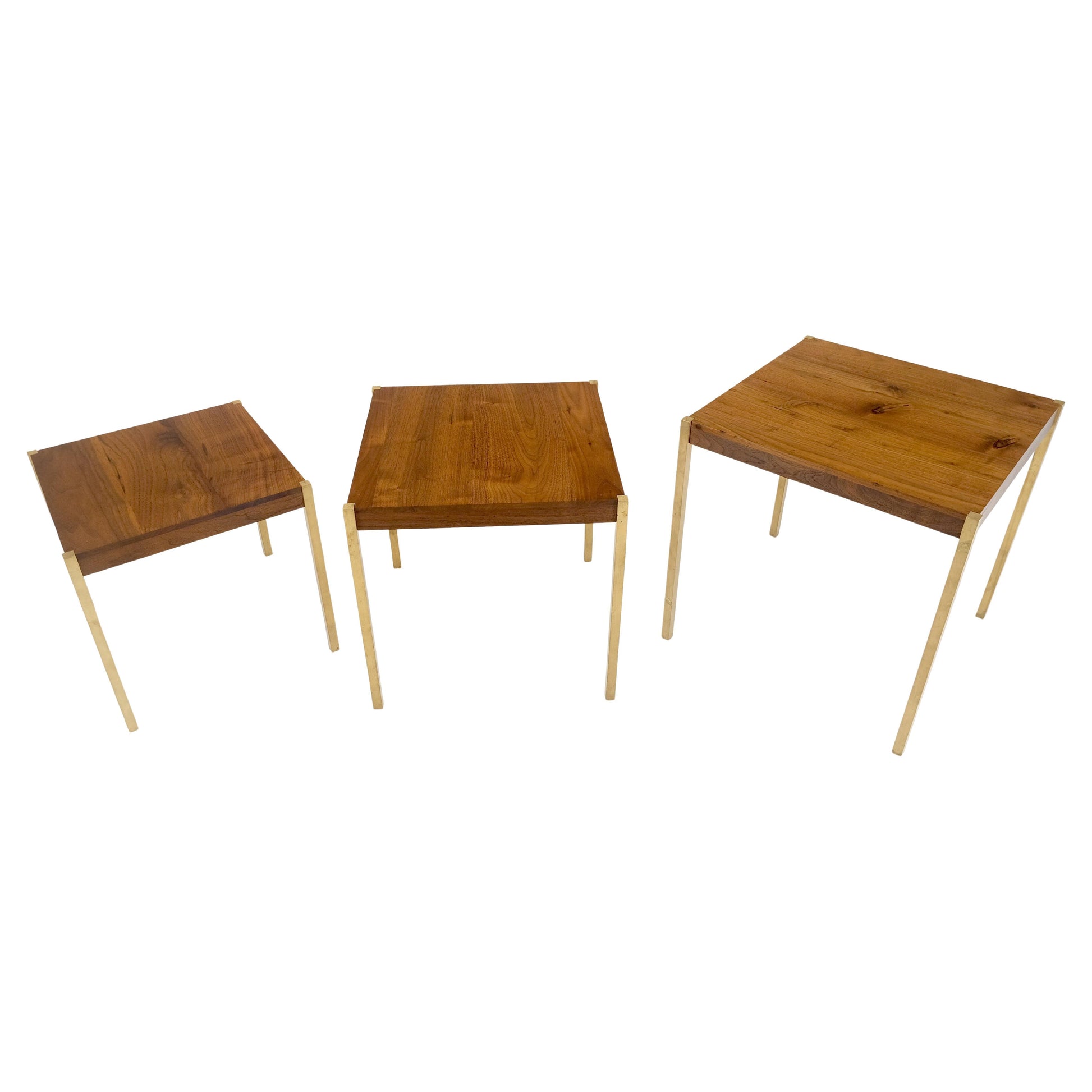 EstablishedLines Set of 3 Walnut Nesting Tables on a Solid Brass Square Bar Leg MINT