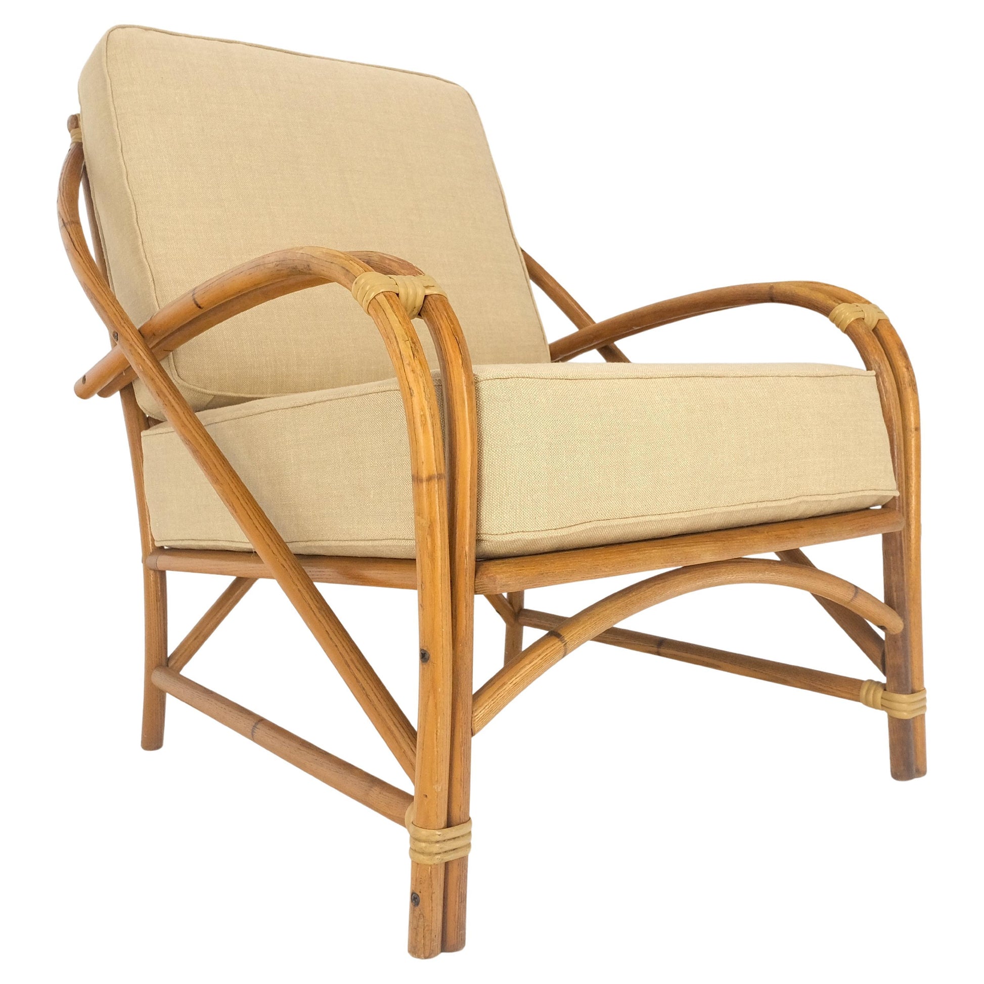 EstablishedLines New Golden Linen Upholstery Bamboo Rattan Lounge Chair c1970s