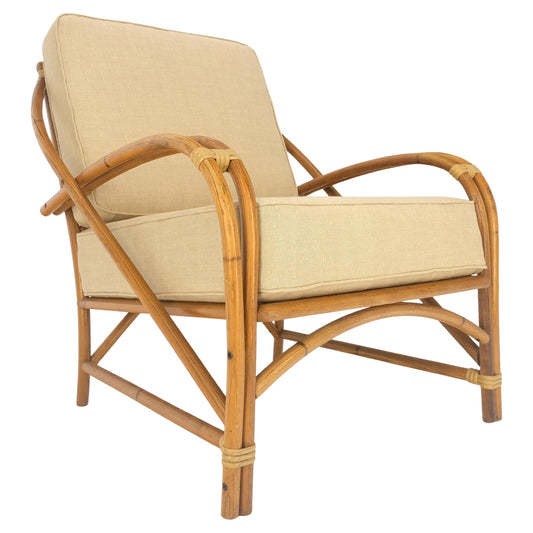 EstablishedLines New Golden Linen Upholstery Bamboo Rattan Lounge Chair c1970s