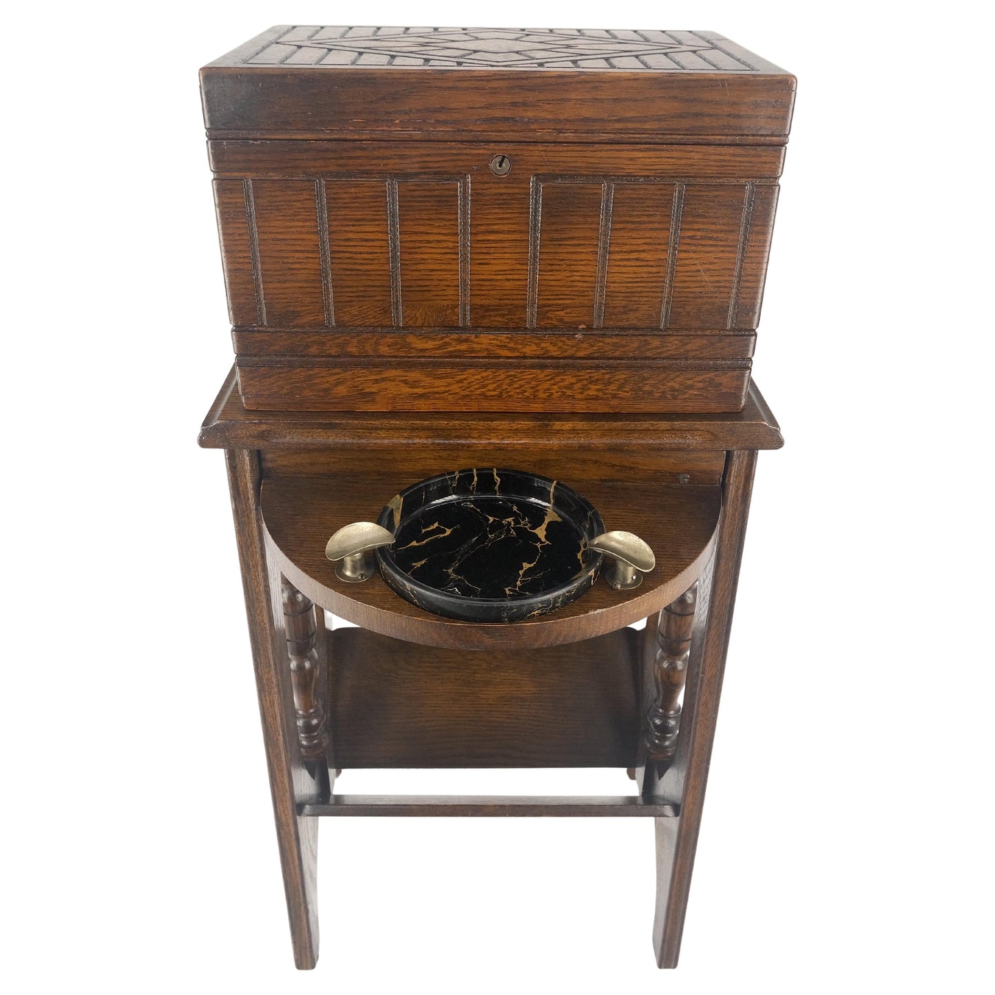 EstablishedLines Antique c1920s Art Deco Solid Oak Humidor on Stand w/ Built in Swivel Ashtray
