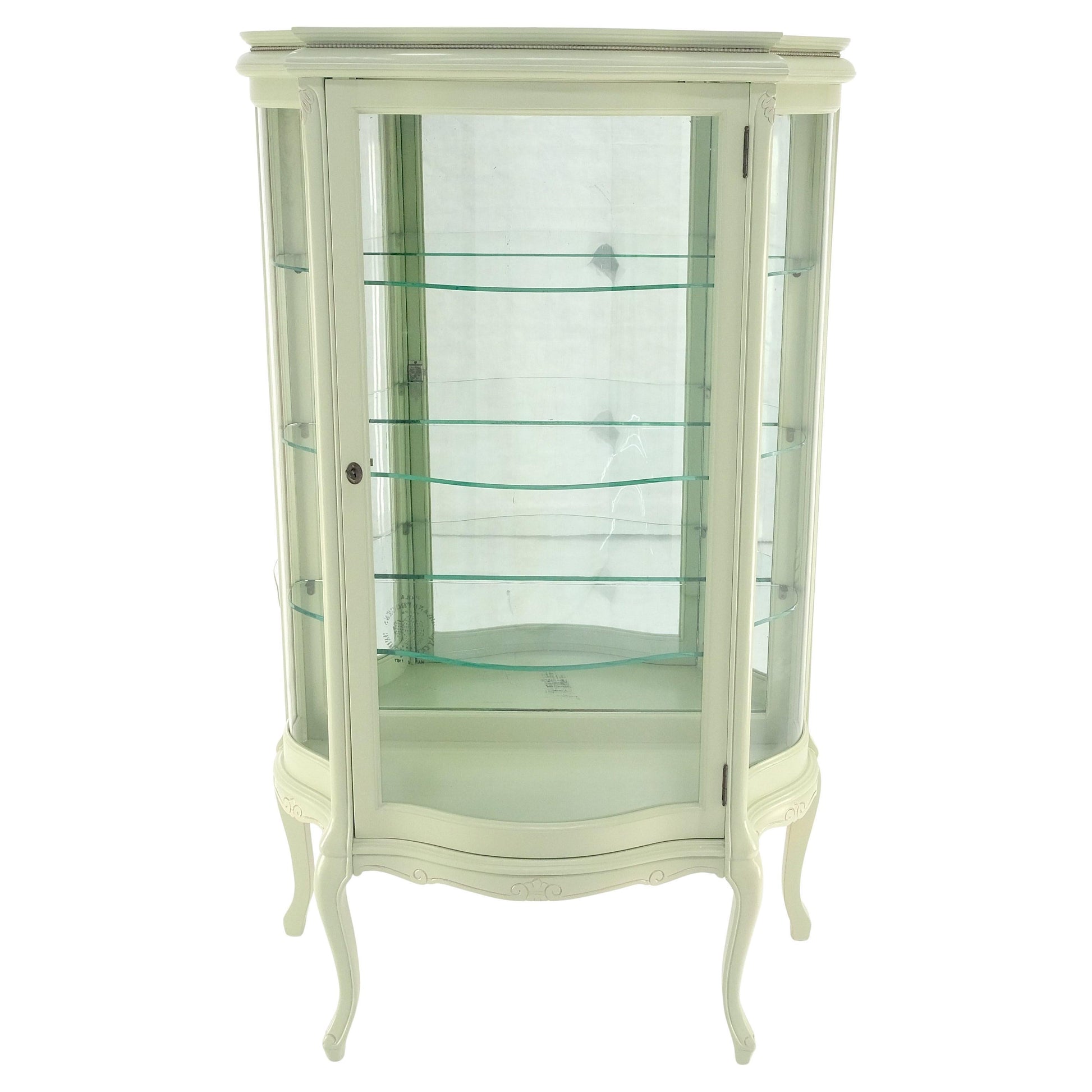 EstablishedLines 1920s Curved Glass Light Olive Tone Lacquer Finish Curio Display Cabinet MINT!