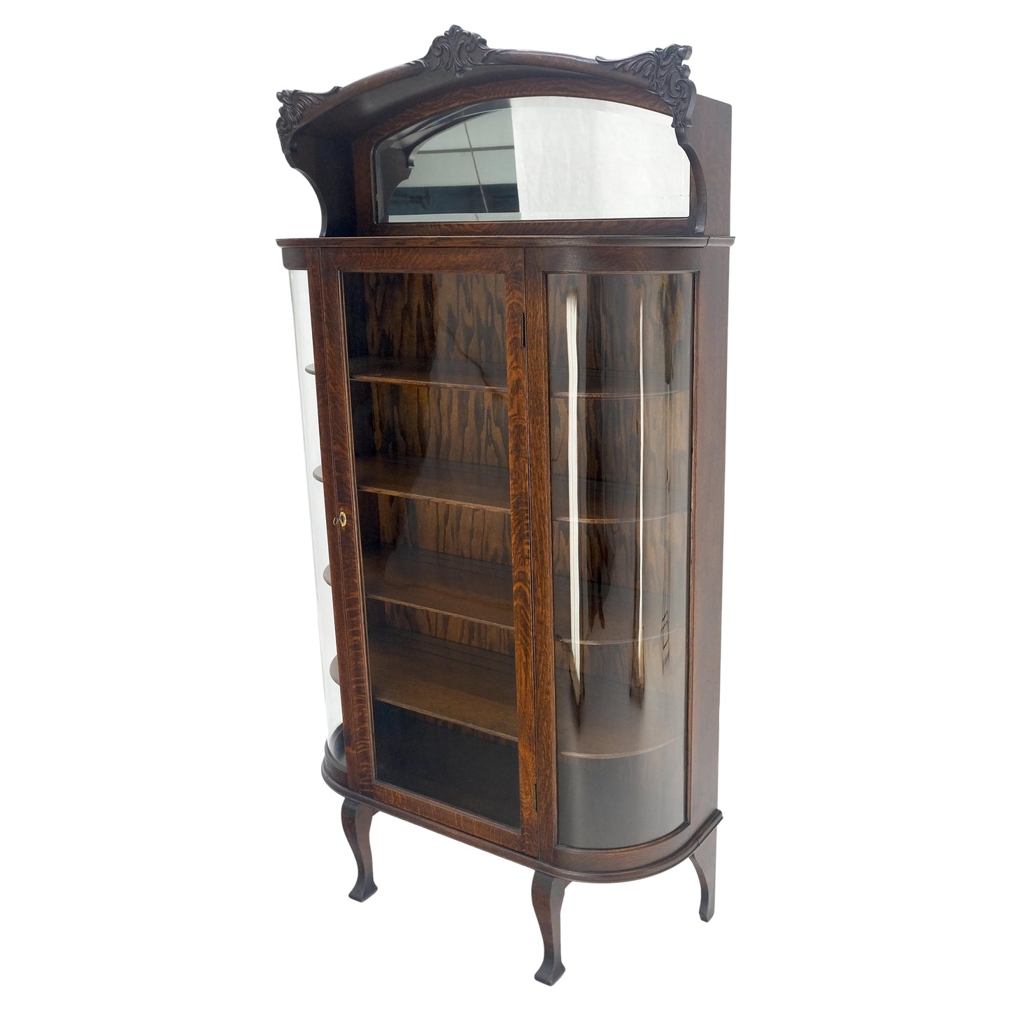 EstablishedLines Carved Oak Mirrored Gallery Top Curved Glass Display Curio Showcase Cabinet