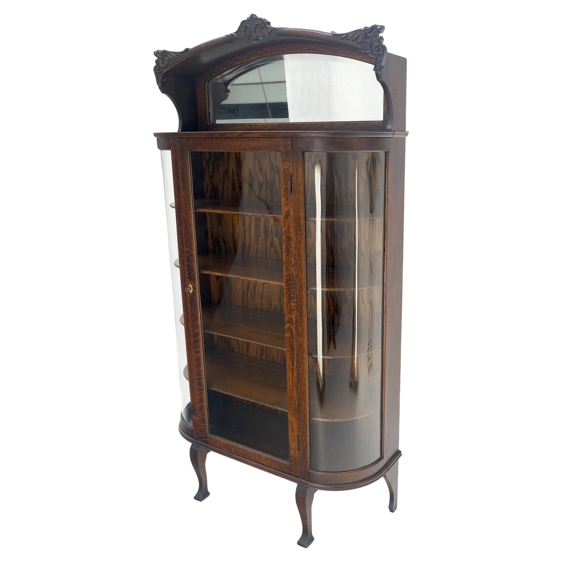 EstablishedLines Carved Oak Mirrored Gallery Top Curved Glass Display Curio Showcase Cabinet