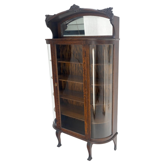 EstablishedLines Carved Oak Mirrored Gallery Top Curved Glass Display Curio Showcase Cabinet