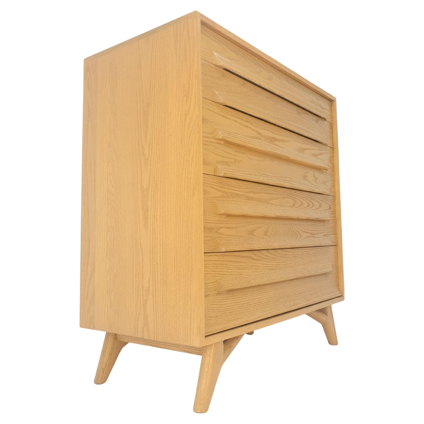 EstablishedLines Solid Oak Cerused High Boy Chest of 5 Drawers Dresser Sculptural Legs MINT!