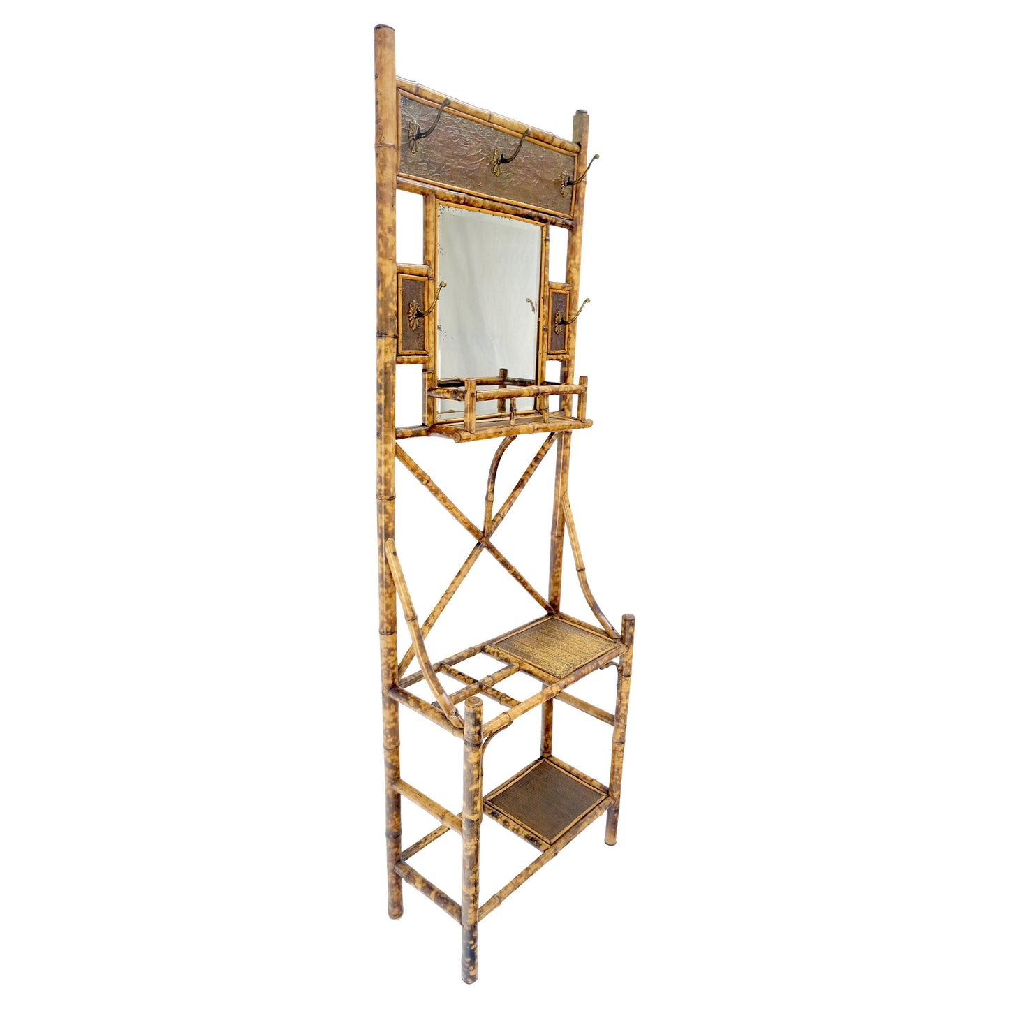 EstablishedLines Antique Burnt Bamboo Coat & Umbrella Rack w/ Mirror Very Decorative c1940s
