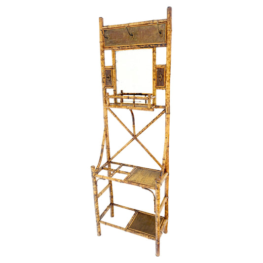 EstablishedLines Antique Burnt Bamboo Coat & Umbrella Rack w/ Mirror Very Decorative c1940s