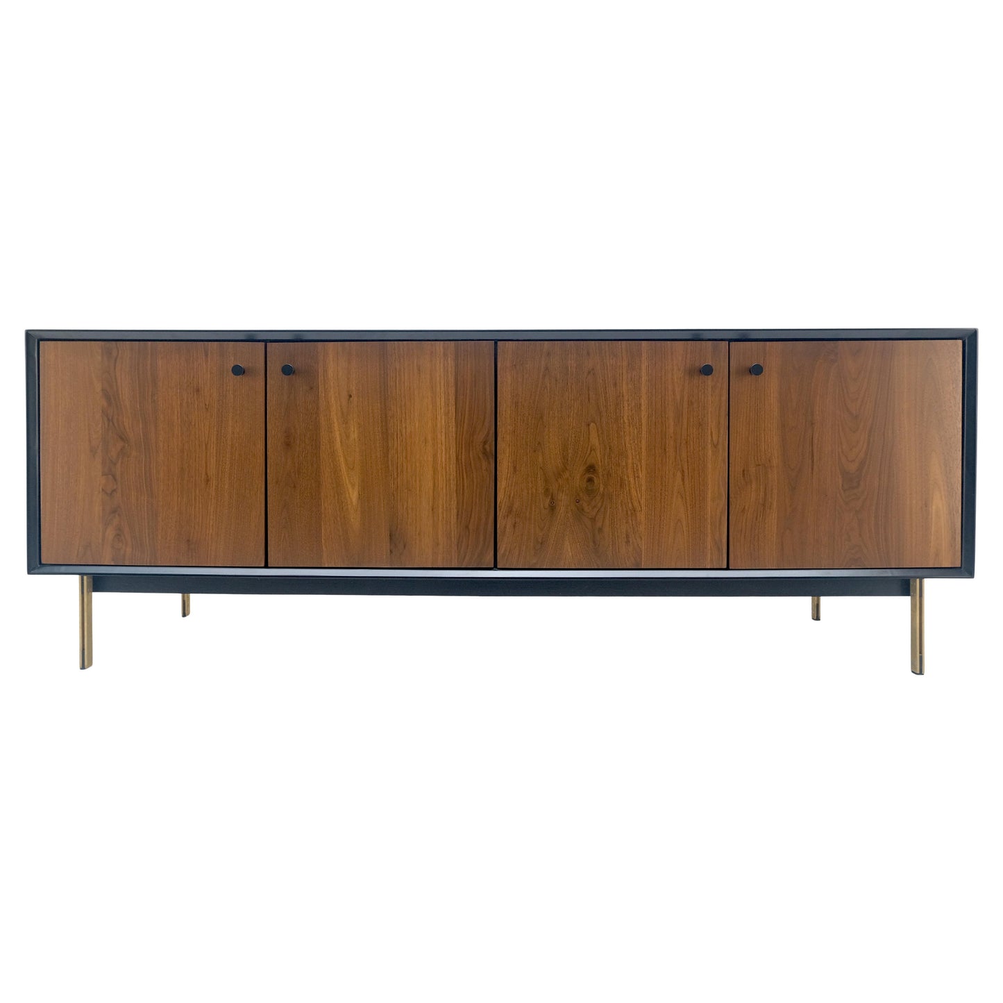 EstablishedLines Black Lacquer Walnut Brass Legs 77" Mid Century Modern Long Vintage Credenza