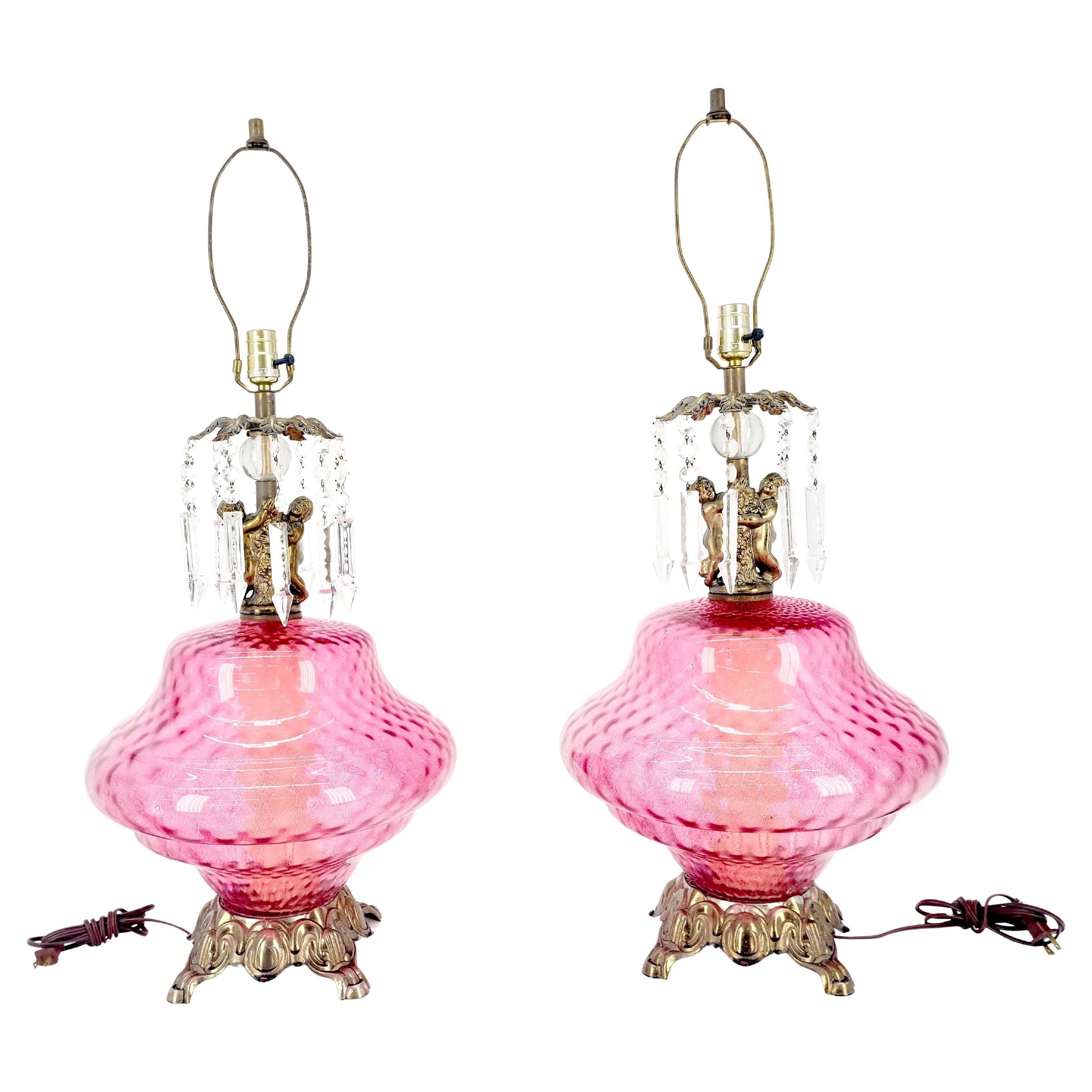 EstablishedLines Pair of Large Cranberry Glass Crystal Decorated Table Lamps MINT!