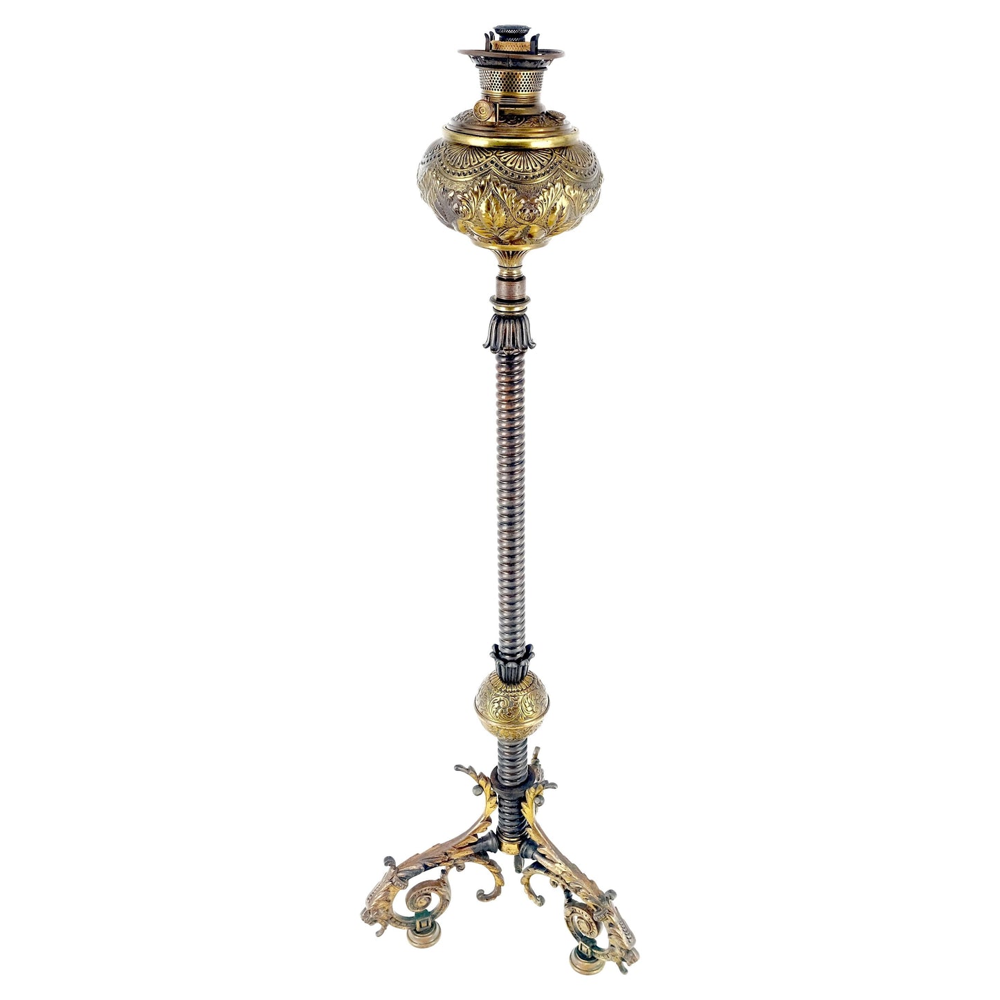 EstablishedLines 19h Century Cast Polished Brass Tripod Base Adjustable Height Oil Flor Lamp MINT