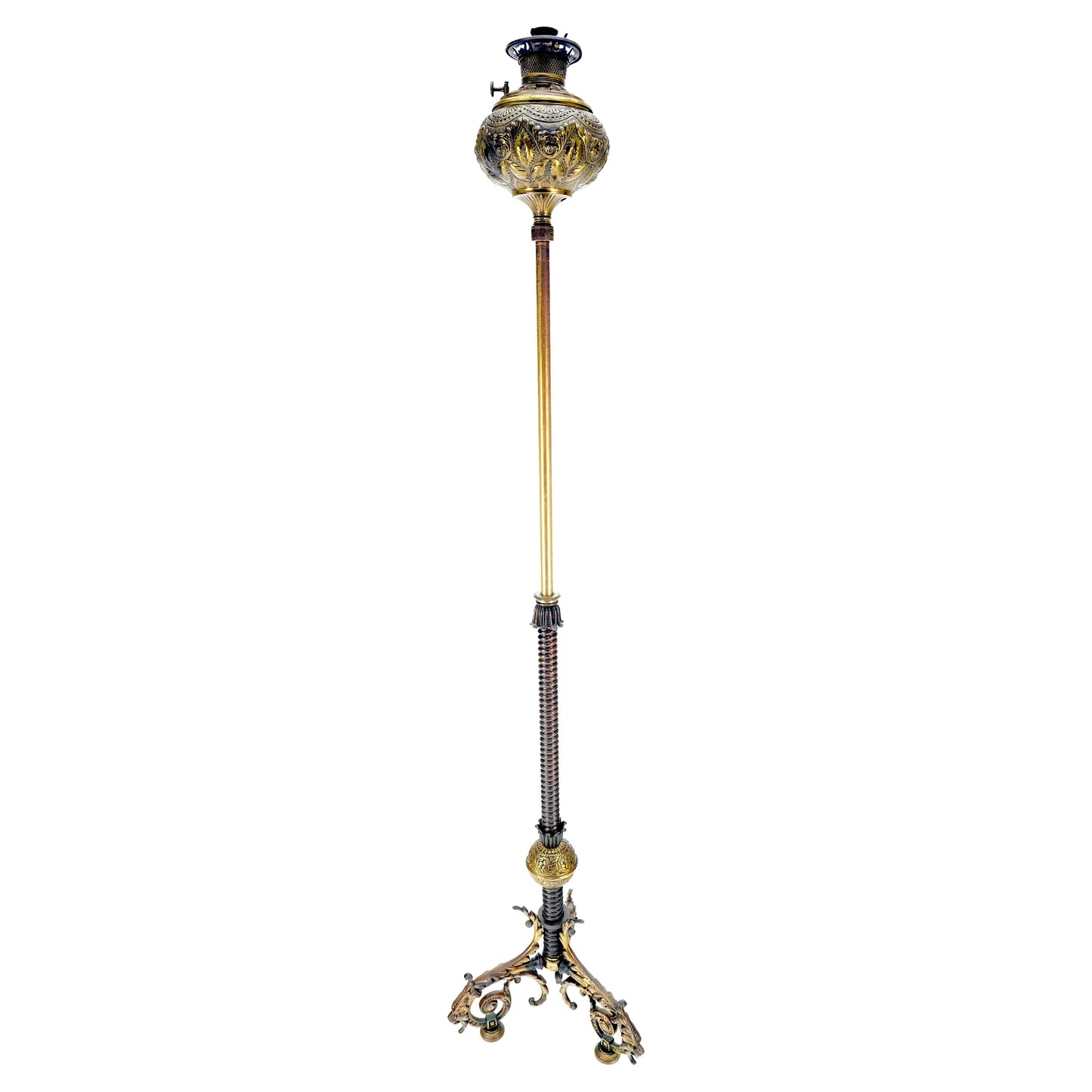 EstablishedLines 19h Century Cast Polished Brass Tripod Base Adjustable Height Oil Flor Lamp MINT