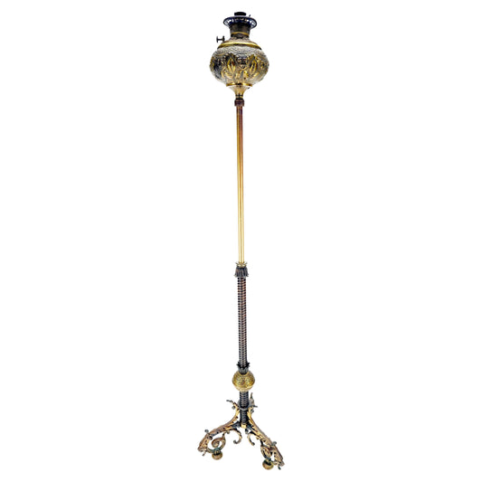 EstablishedLines 19h Century Cast Polished Brass Tripod Base Adjustable Height Oil Flor Lamp MINT