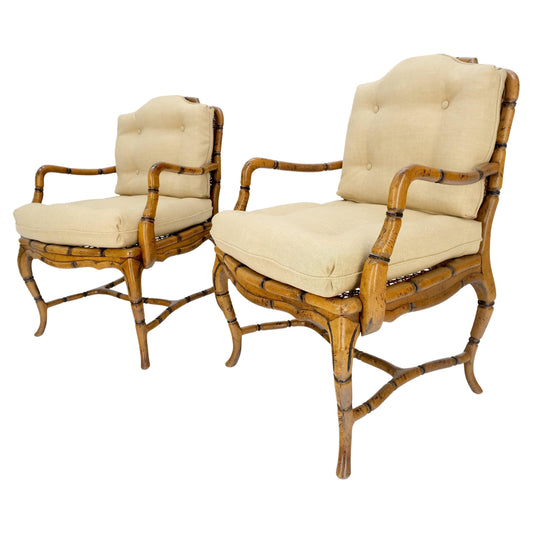 EstablishedLines Faux Bamboo Horn Shape Legs New Linen Upholstery Lounge Chairs MINT!