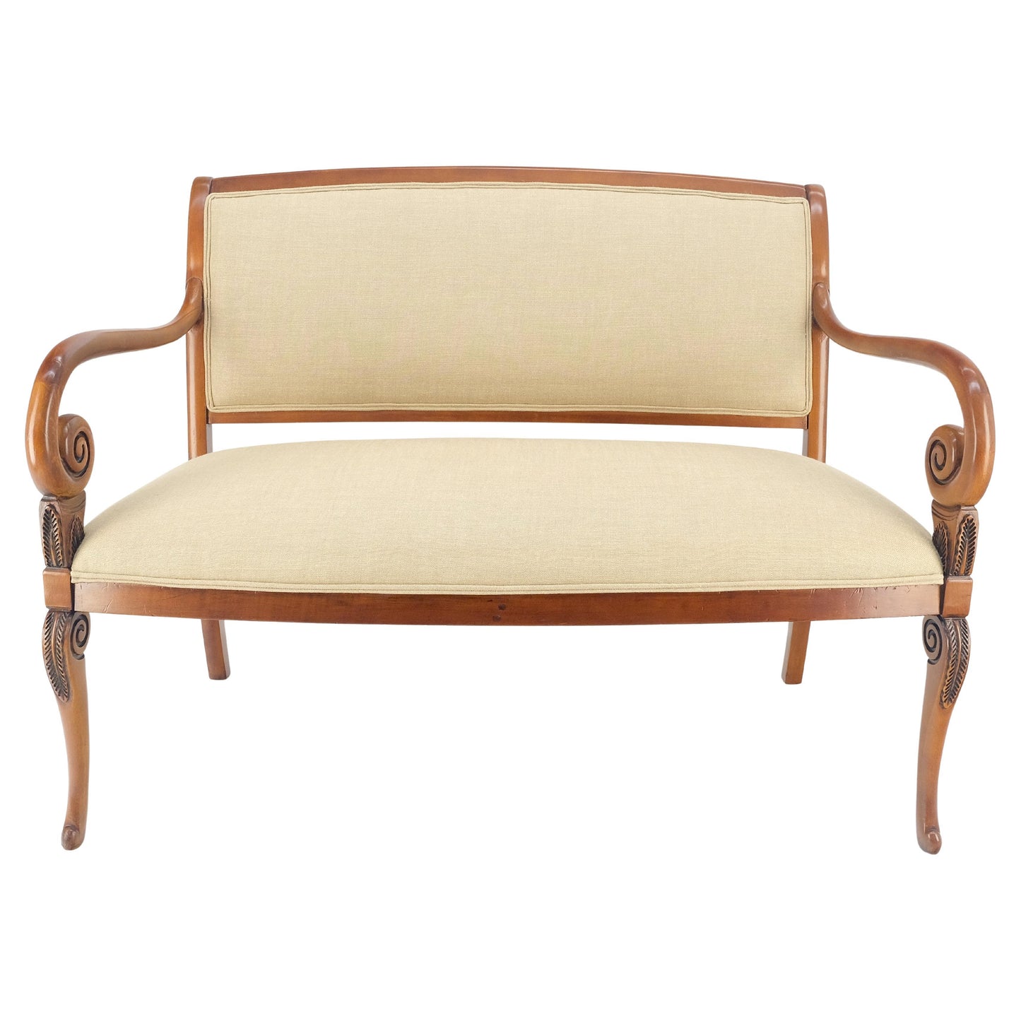 EstablishedLines New Solid Linen Upholstery Antique Louis Phillipe Style Carved Maple Loveseat