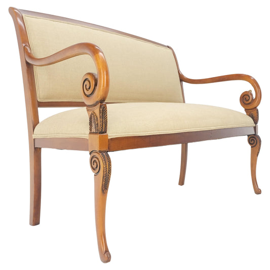 EstablishedLines New Solid Linen Upholstery Antique Louis Phillipe Style Carved Maple Loveseat