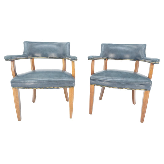 EstablishedLines Pair of Grey Blue Leather Upholstery Vintage c1960s Banker Arm Chairs MINT