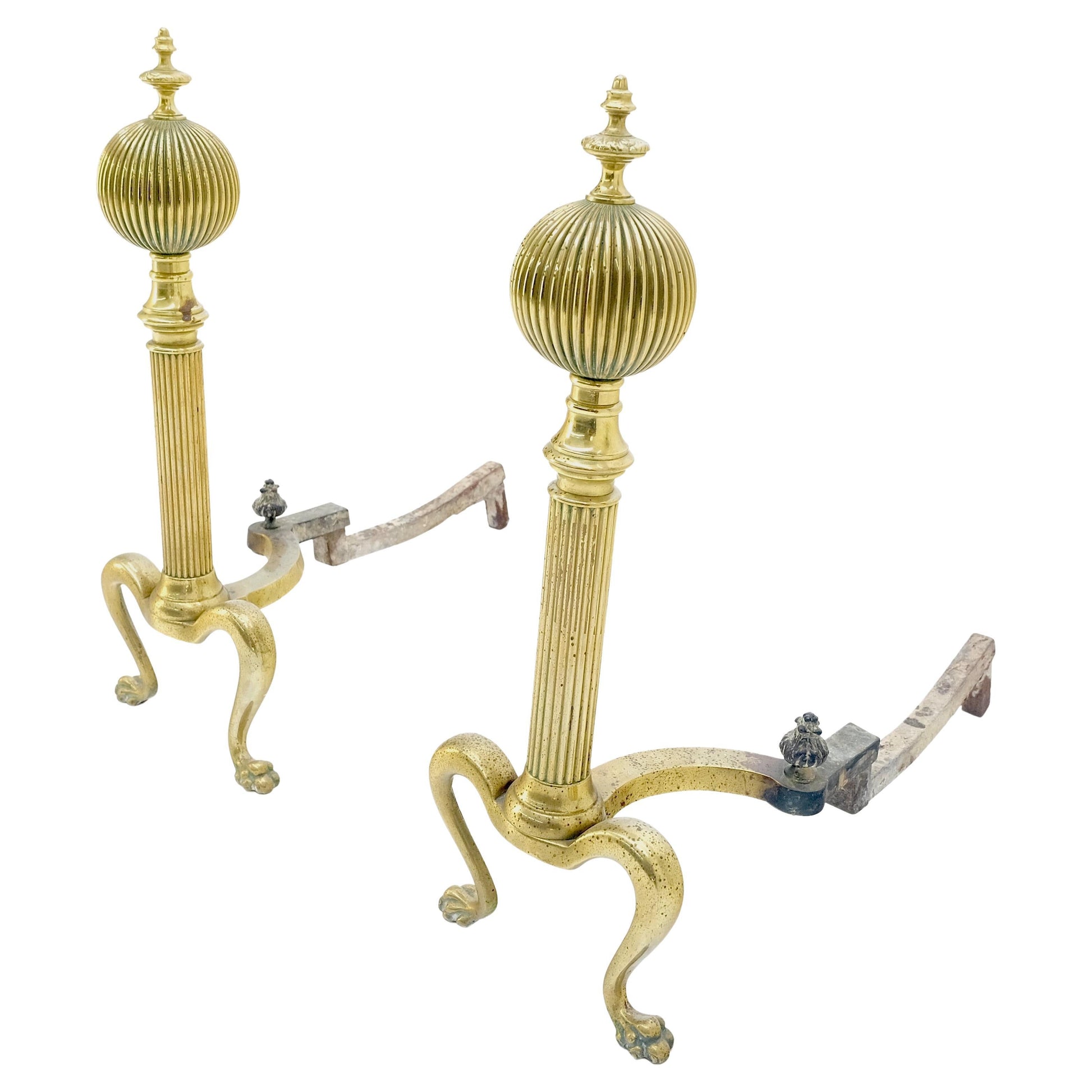 EstablishedLines Pair of Antique Solid Brass Ball Top Claw Feet Fireplace 22" Tall End Irons MINT