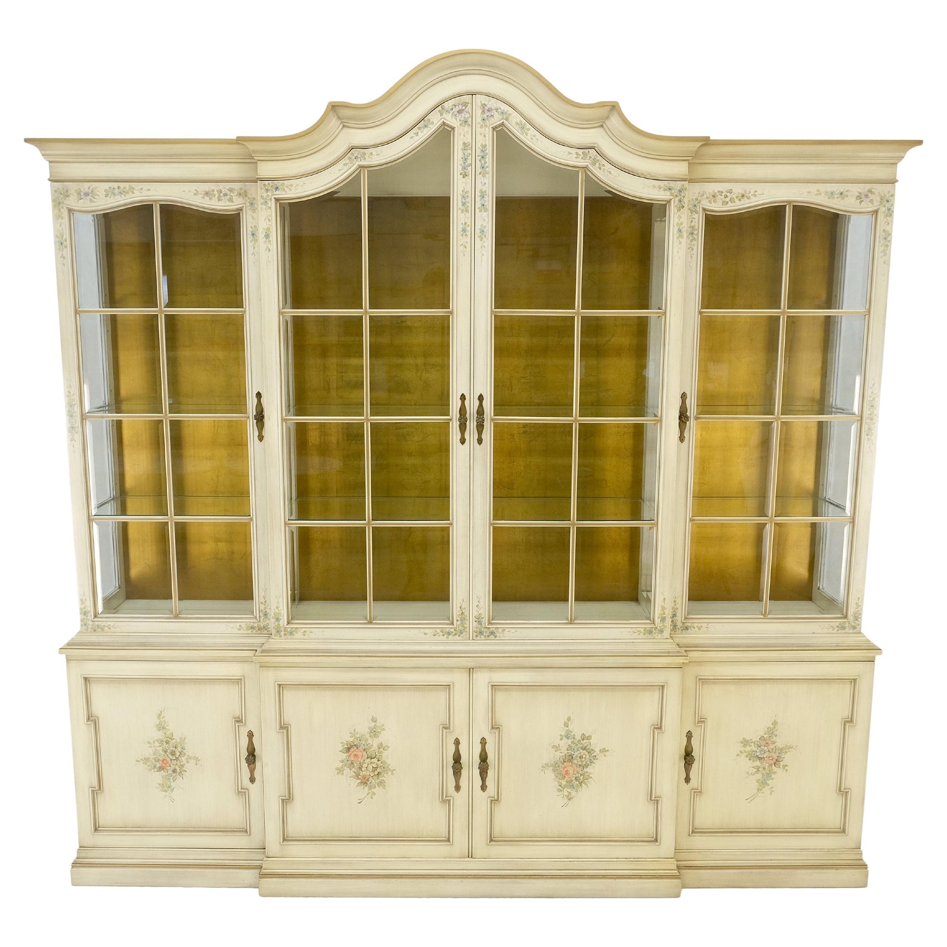 EstablishedLines Large 88" Wide Beveled Glass Gold Leaf Back Paint Decorated Break Front Cabinet