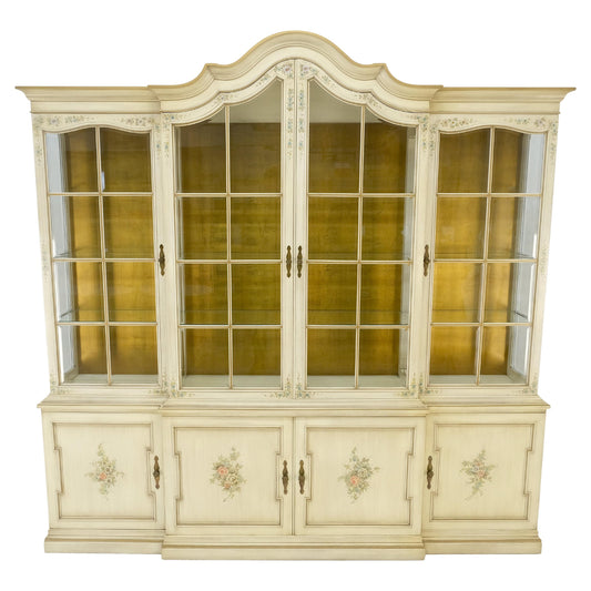 EstablishedLines Large 88" Wide Beveled Glass Gold Leaf Back Paint Decorated Break Front Cabinet