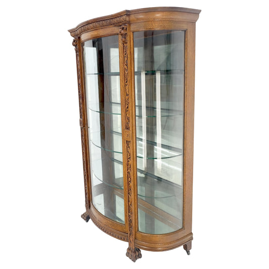 EstablishedLines Fine Carved Tiger Oak Lion Feet & Head Curved Glass China Cabinet c1880s MINT!