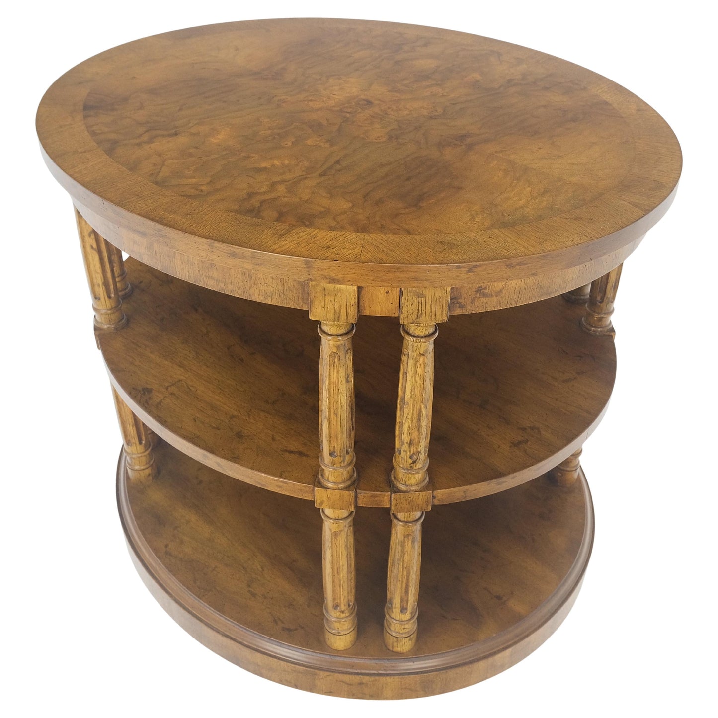 EstablishedLines Henredon Oval Burl Walnut 3 Tier Sied End Lamp Table Stand Magazine Shelf MINT