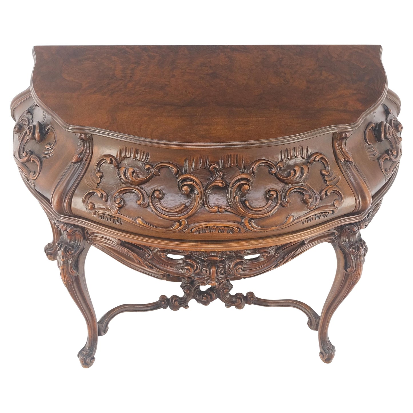 EstablishedLines Heavily Carved Decorative Demi Lune Style Burl Walnut Top Console Table MINT