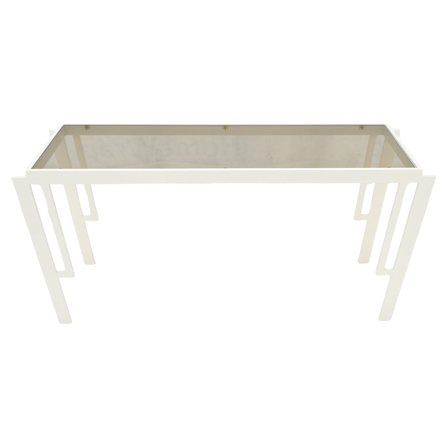 EstablishedLines White Enamel Base Frame Smoked Glass 54" Mid Century Console Sofa Table MINT