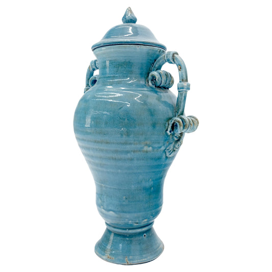 EstablishedLines Large 24" Tall Burmantofts Blue Glaze Terracotta Ceramic Urn Style Vase w/ Lid