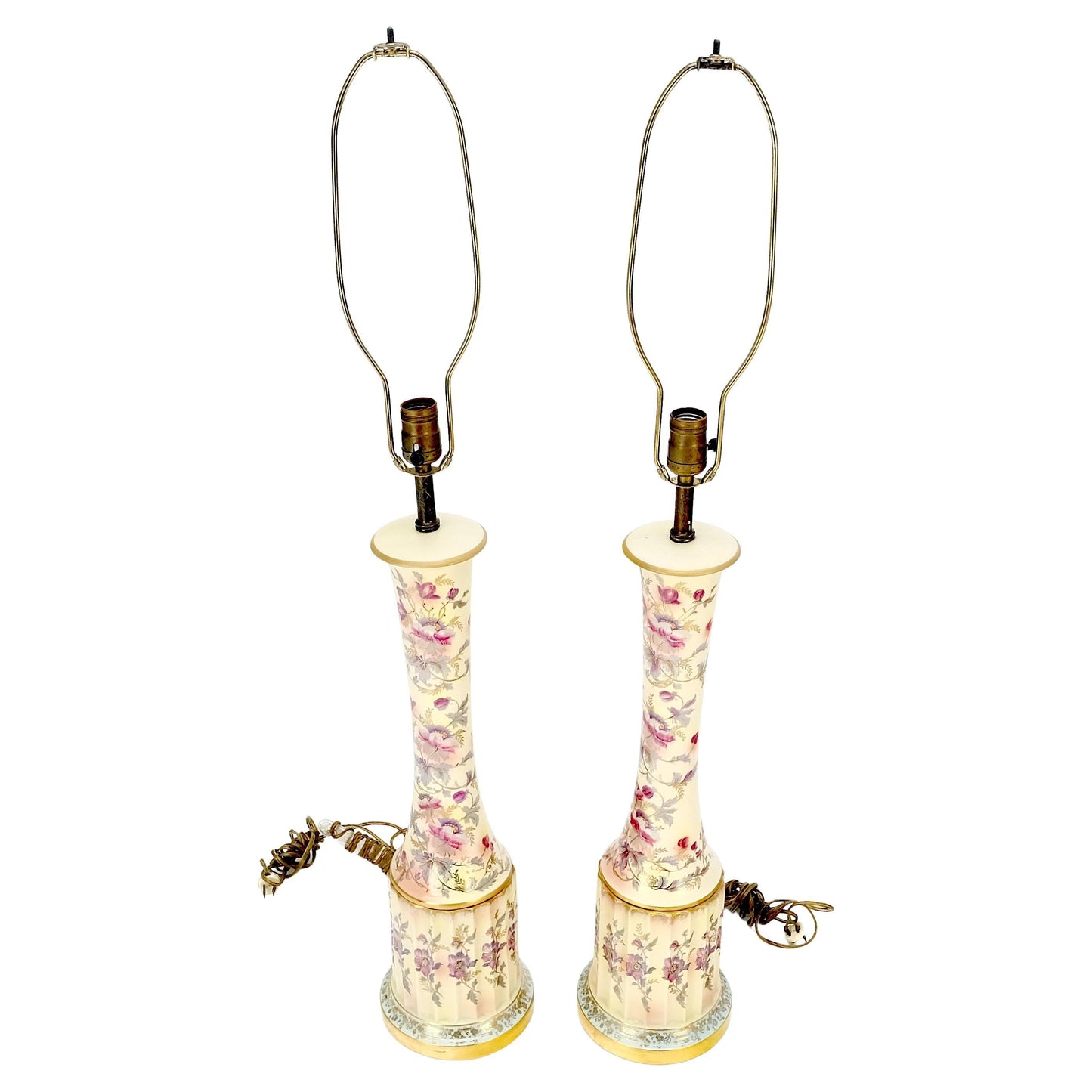 EstablishedLines Pair of 39" Tall Ceramic Hand Painted Round Tower Shape Table Lamps w/ Shades