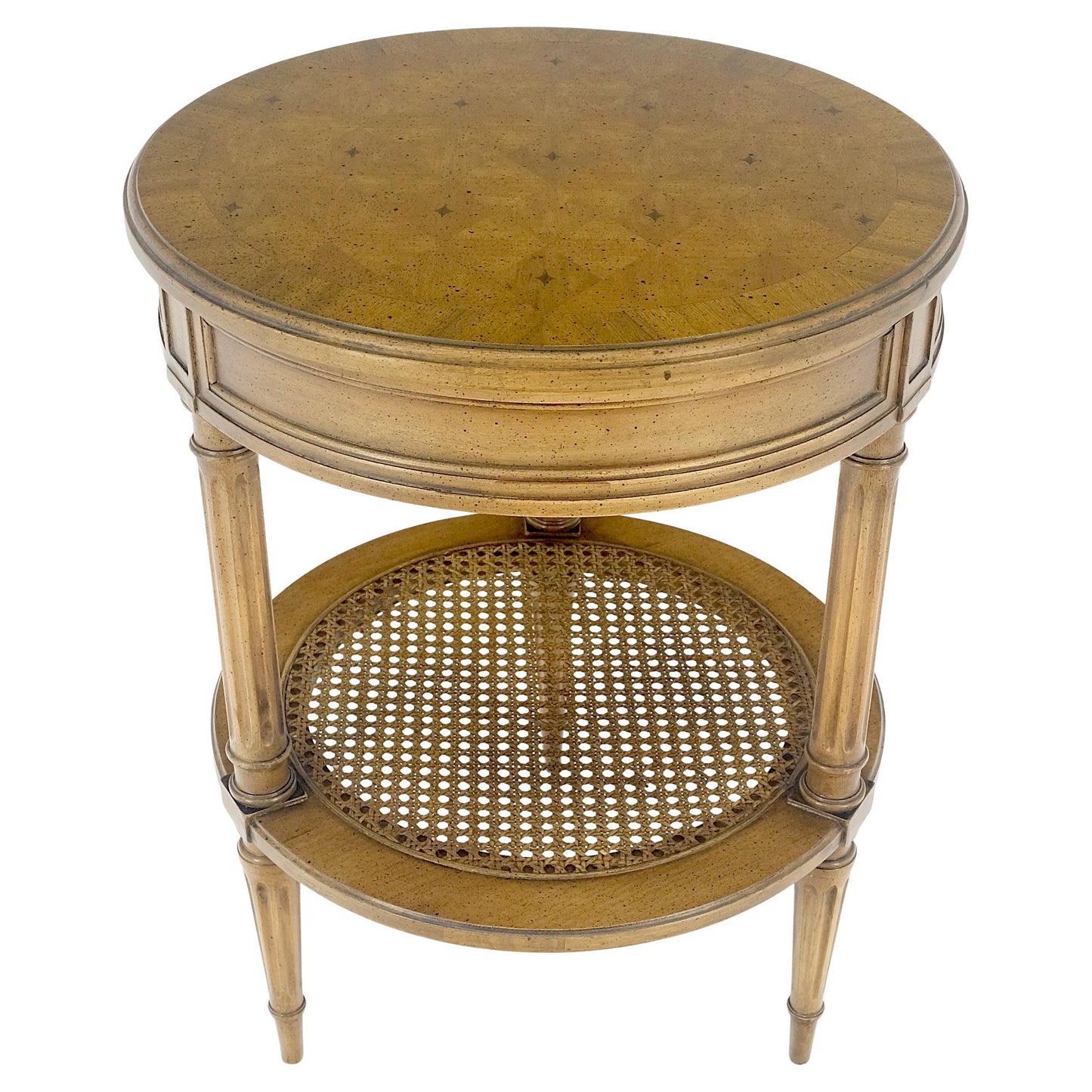 EstablishedLines Marquetry Top Two Tier Cane Shelf 18" Diameter Lamp Side Center Table Stand MINT