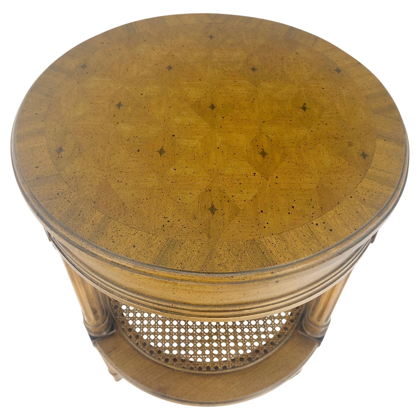 EstablishedLines Marquetry Top Two Tier Cane Shelf 18" Diameter Lamp Side Center Table Stand MINT