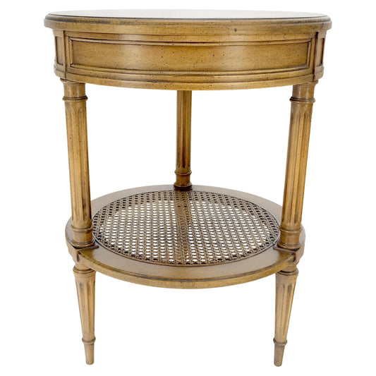 EstablishedLines Marquetry Top Two Tier Cane Shelf 18" Diameter Lamp Side Center Table Stand MINT