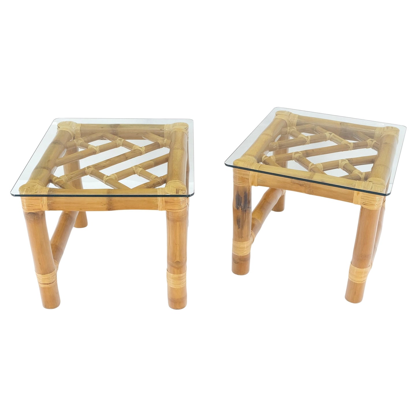 EstablishedLines Pair Thick Bamboo Glass Top Rectangle Glass Top End Side Lamp Tables MINT
