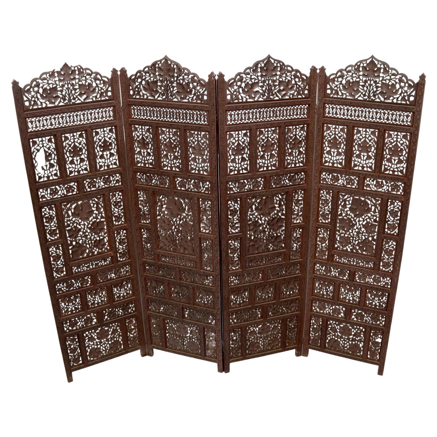 EstablishedLines Four-Panel Finely Carved Teak Room Divider Screen