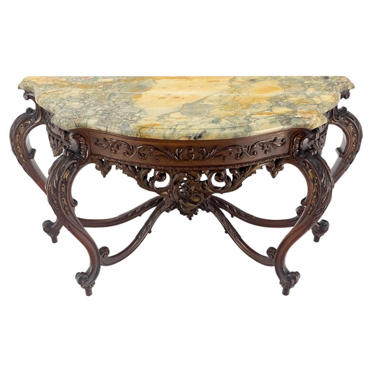 EstablishedLines Regency Revival Heavily Fine Carved Stretcher Base Marble Top Console Table MINT