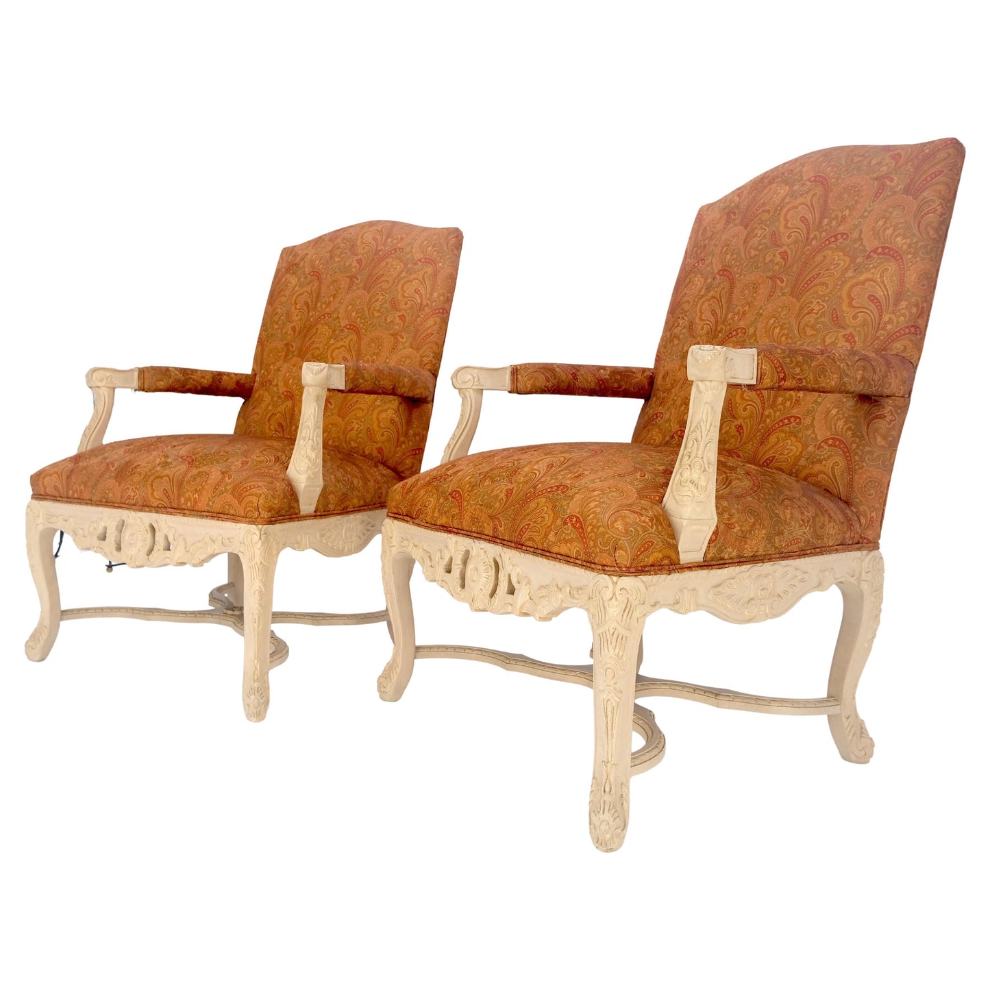 EstablishedLines Pair of Fine Carved White Lacquer Rouge Floral Upholstery Arm Club Chairs MINT