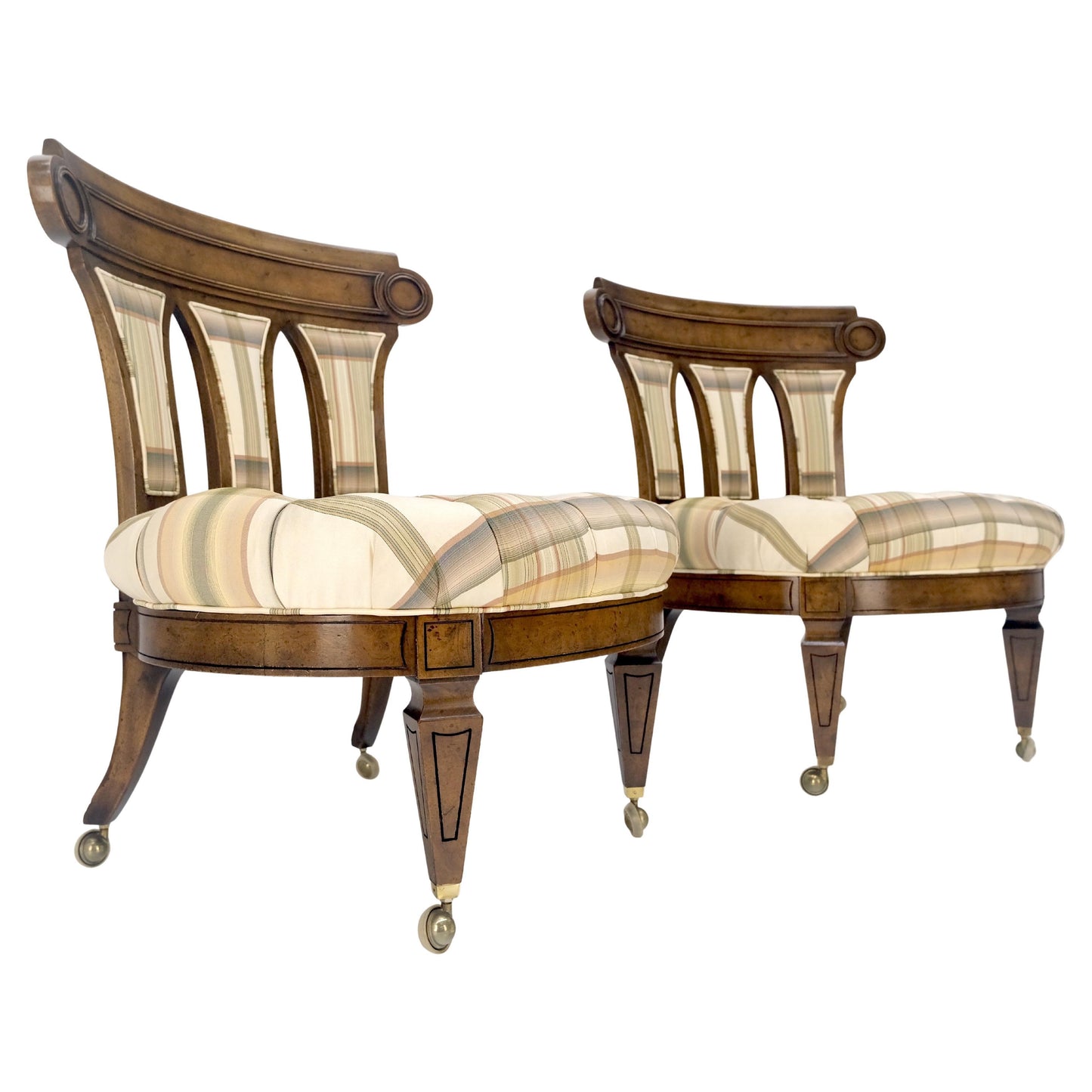 EstablishedLines Pair of Tufted Seats Burl Wood Back Oval Seats Slipper Chairs on Caters MINT