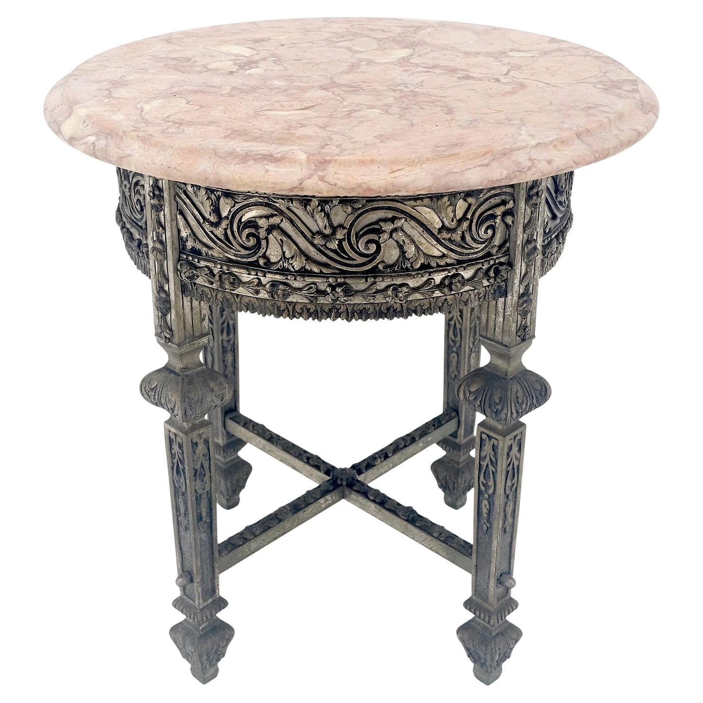 EstablishedLines c1920s Round Pink Marble Top Cast Metal Base Side End lamp Table Stand