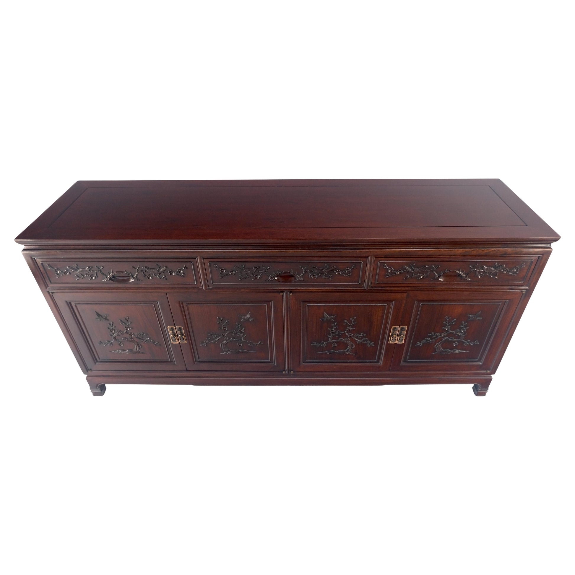 EstablishedLines Asian Mid Century Modern Carved 4 Doors 3 Drawers Credenza Dark Solid Teak MINT