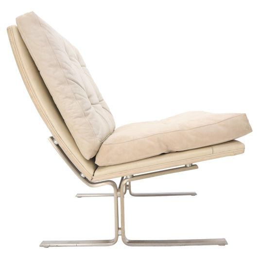 Danish Cream Off-White Leather Brushed Stainless Steel Base Lounge Chair