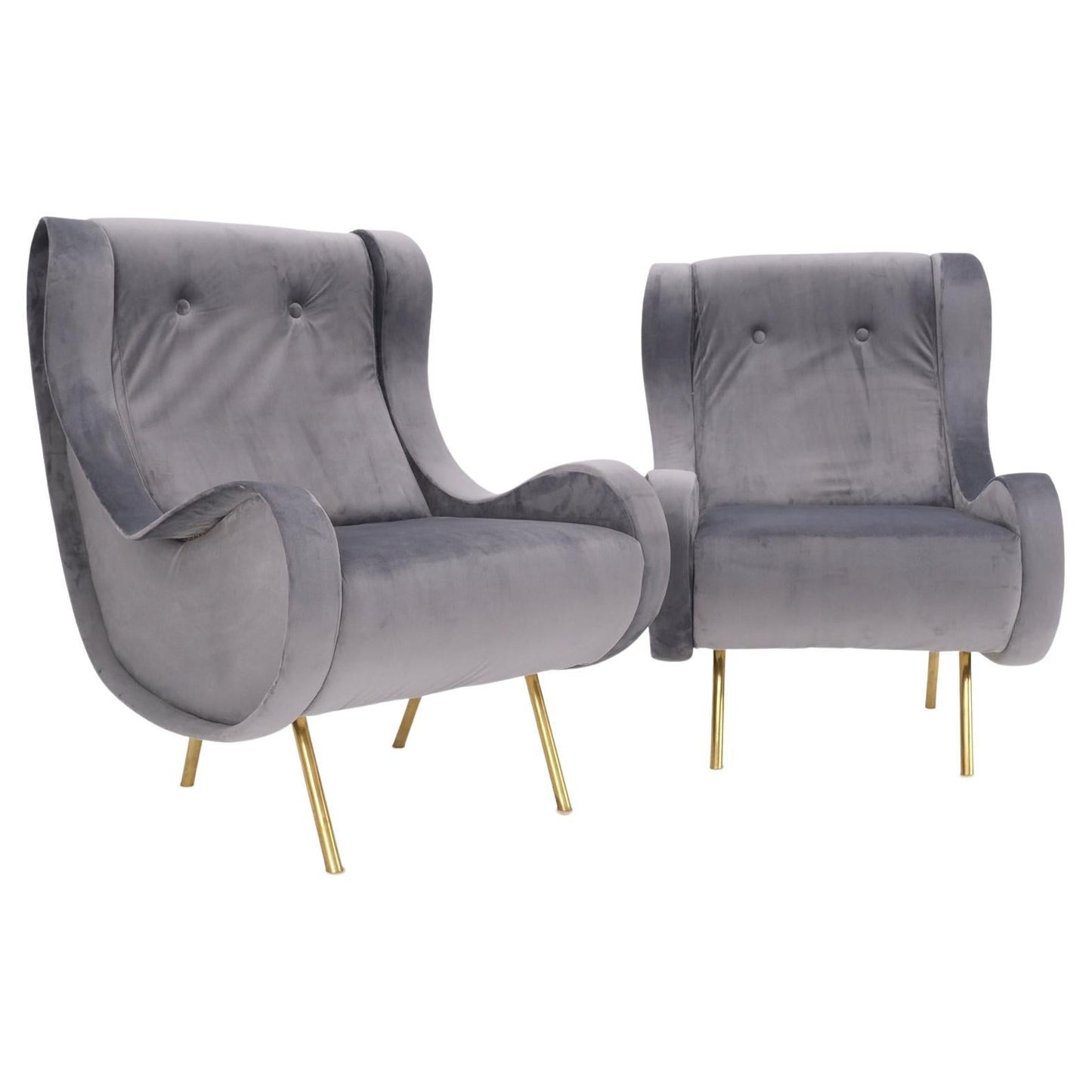 Pair Italian Mid-Century Modern Brass Legs Grey Arm Lounge Chairs