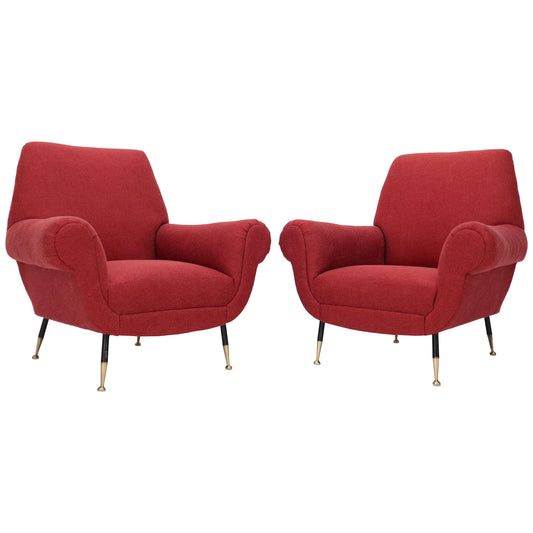 Pair of Red New Red Upholstery Italian Lounge Chairs Brass Feet