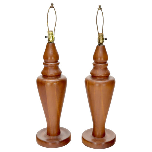 Pair of Large Oversize Heavy Turned Solid Teak Table Lamps