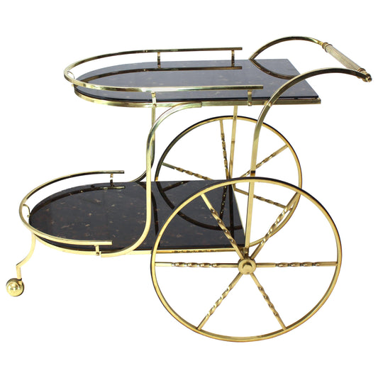 Brass Tortoise Finish Glass Bar Serving Cart on Large Carriage Style Wheels