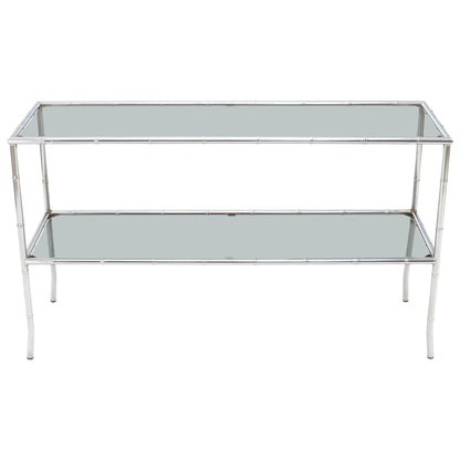 Faux Chrome Bamboo Smoked Glass Two-Tier Sofa Console Table