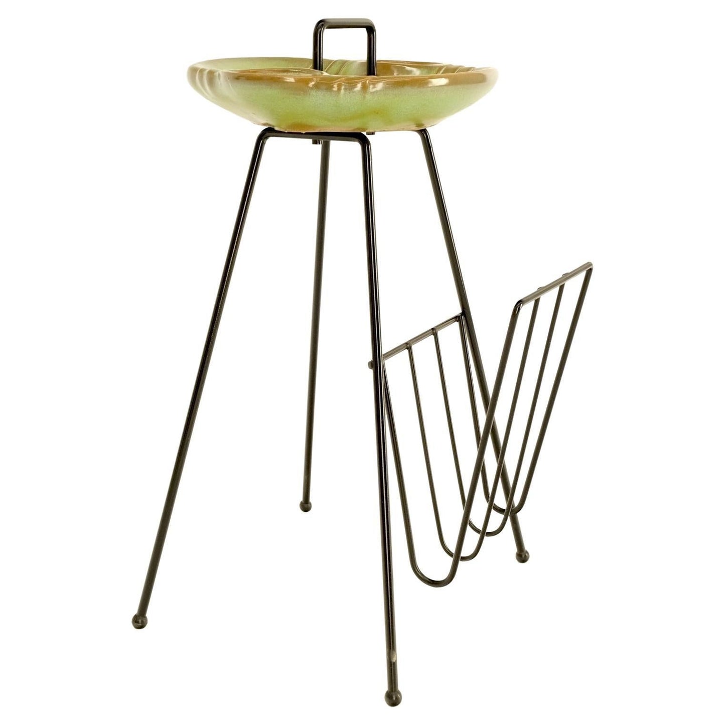 Mid-Century Modern Ceramic Ashtray on Wire Legs Magazine Rack Stand