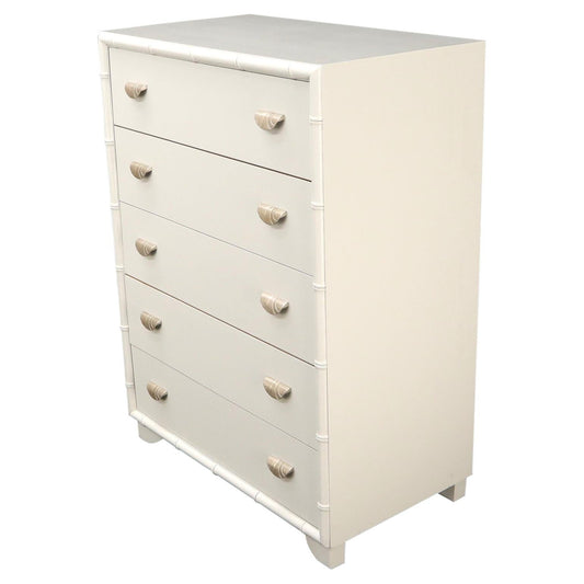 Faux bamboo off white lacquer scallop shape art deco pulls high chest dresser.