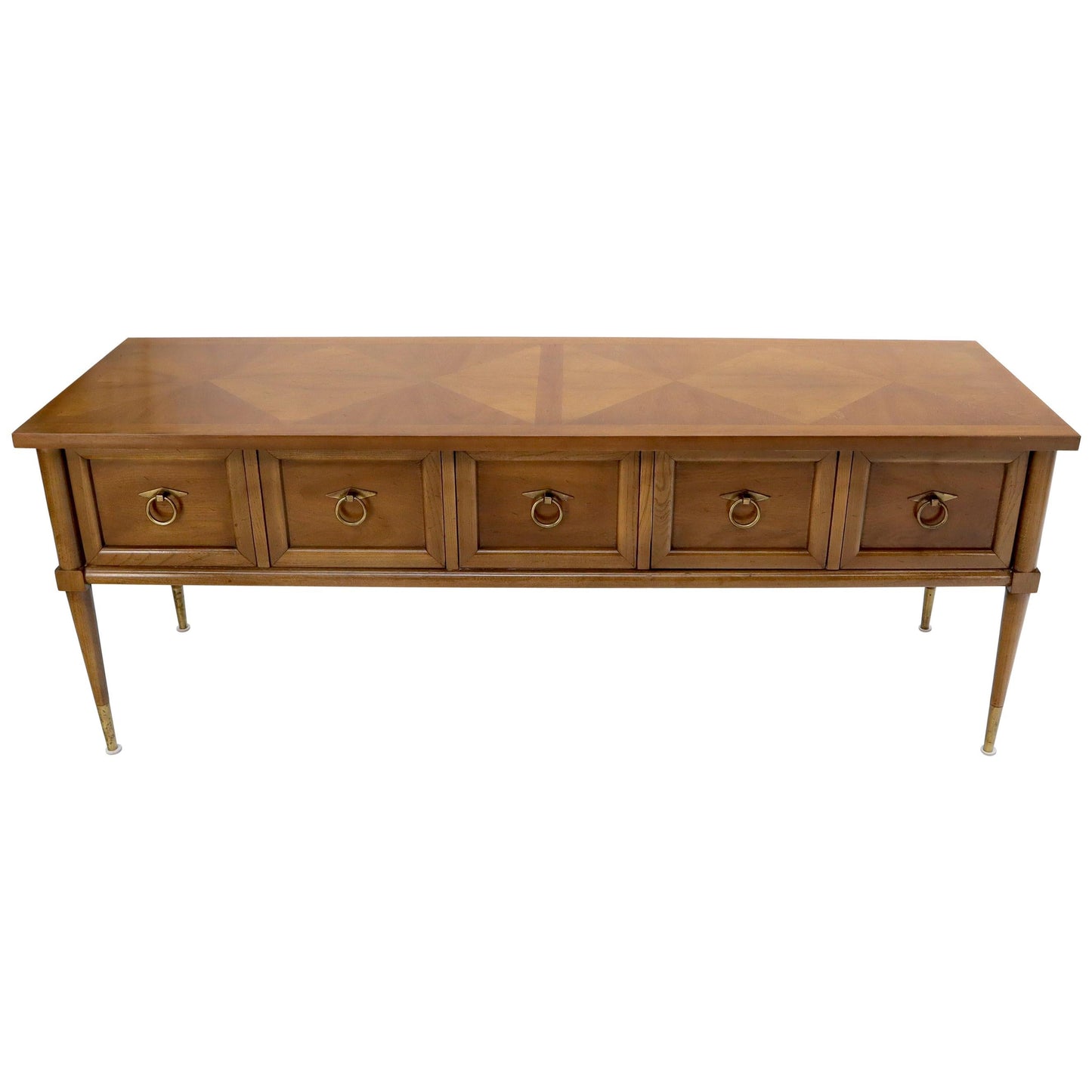 Mid-Century Modern Long Low Profile Credenza with Round Ring Drop Pulls