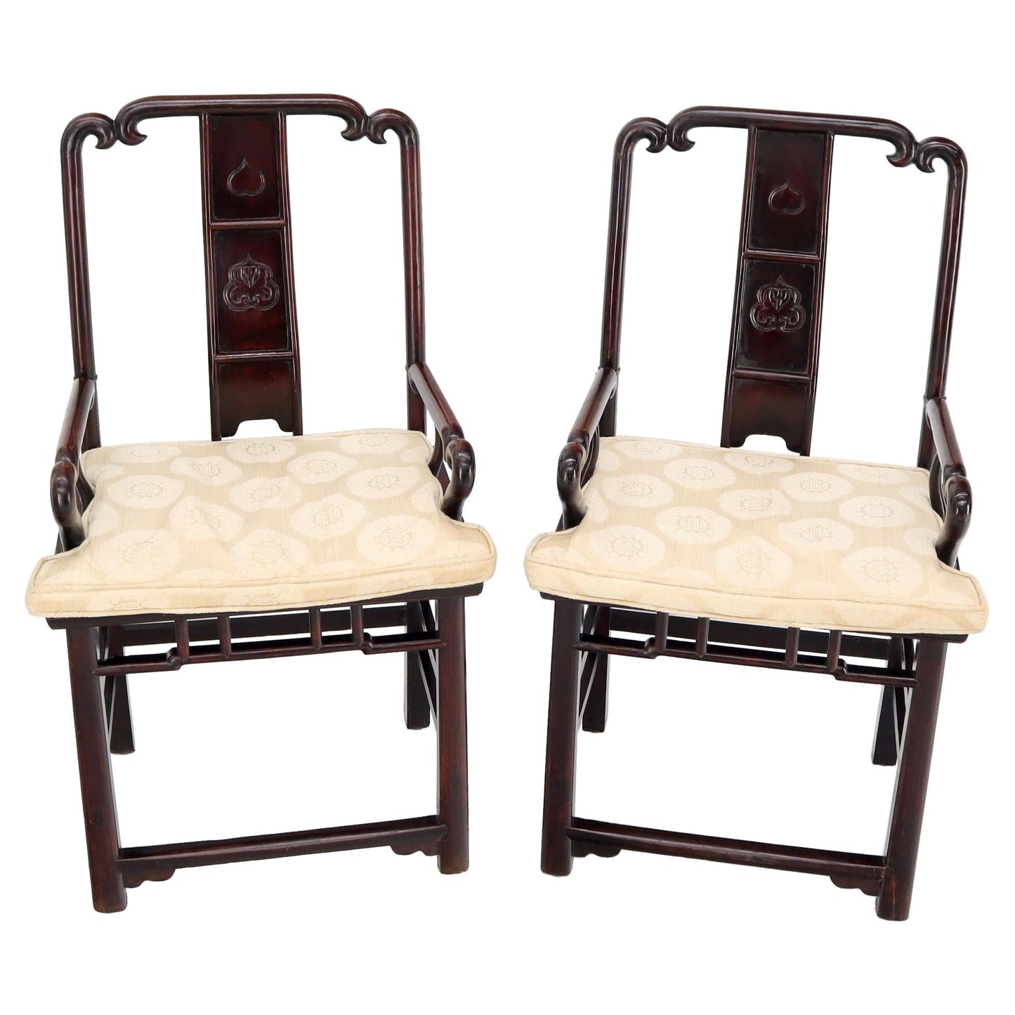 Pair of Chinese Rosewood Nicely Carved Arm Side Chairs